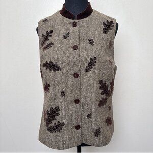 Talbots Womens Medium Vintage Herringbone Autumn Leaf Wool Button Vest